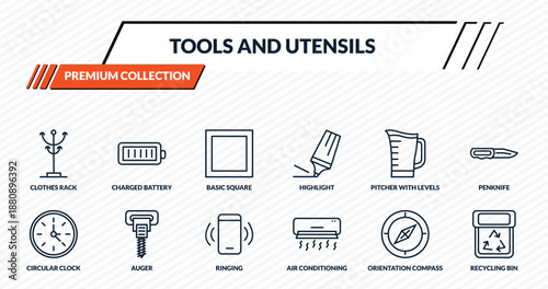 tools and utensils icons set - clothes rack, charged battery, basic square, auger, recycling bin outline vector collection.
