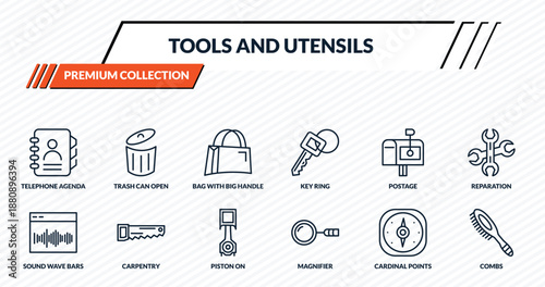 tools and utensils icons set - telephone agenda, trash can open, bag with big handle, carpentry, combs outline vector collection.
