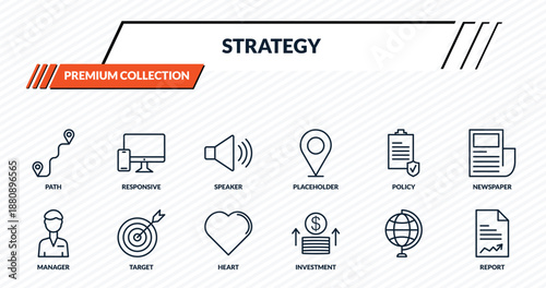 strategy icons set - path, responsive, speaker, target, report outline vector collection.