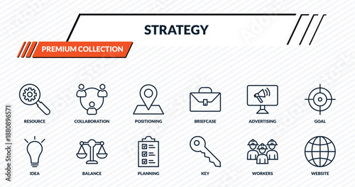 strategy icons set - resource, collaboration, positioning, balance, website outline vector collection.