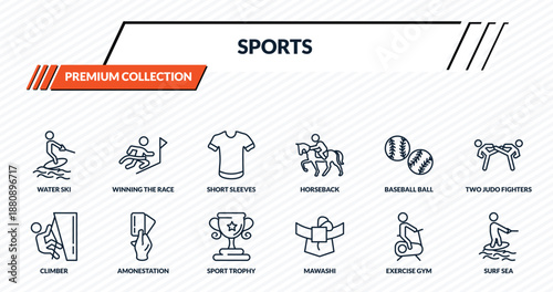 sports icons set - water ski, winning the race, short sleeves, amonestation, surf sea outline vector collection.