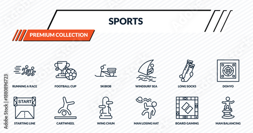 sports icons set - running a race, football cup, skibob, cartwheel, man balancing outline vector collection.