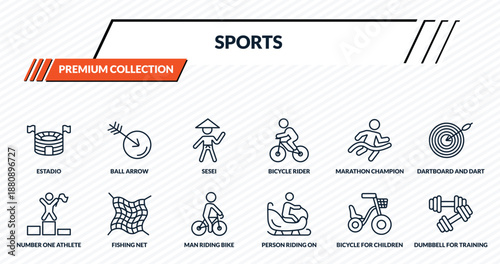 sports icons set - estadio, ball arrow, sesei, fishing net, dumbbell for training outline vector collection.