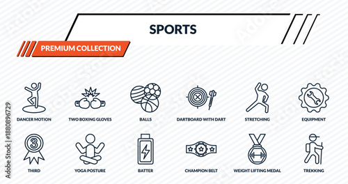 sports icons set - dancer motion, two boxing gloves, balls, yoga posture, trekking outline vector collection.