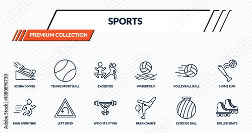 sports icons set - scuba diving, tennis sport ball, excercise, left bend, roller skate outline vector collection.