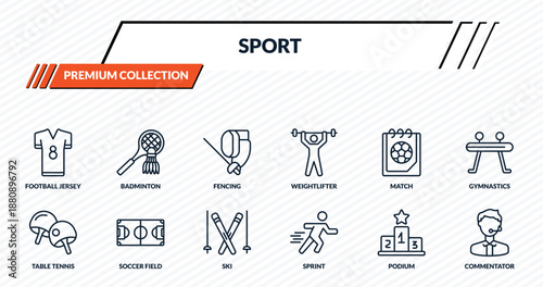 sport icons set - football jersey, badminton, fencing, soccer field, commentator outline vector collection.