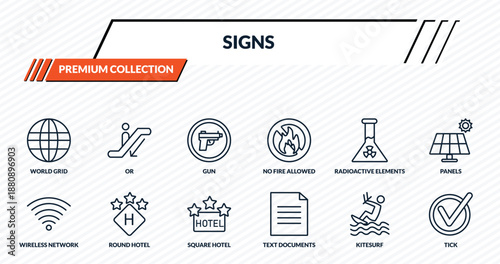 signs icons set - world grid, or, gun, round hotel, tick outline vector collection.