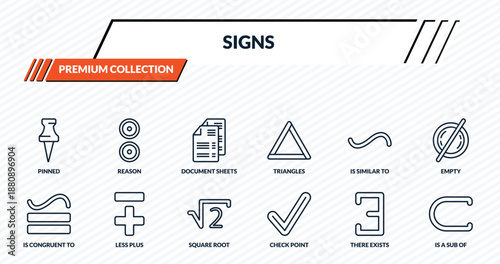 signs icons set - pinned, reason, document sheets, less plus, is a sub of outline vector collection.