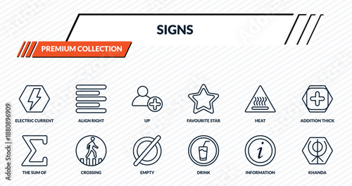 signs icons set - electric current, align right, up, crossing, khanda outline vector collection.