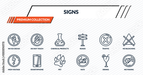 signs icons set - no ice cream, do not touch, chemical products, smarthphone, no fishing outline vector collection.