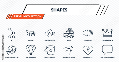 shapes icons set - z, jackal, fire over line, big diamond, oval speech bubble outline vector collection.