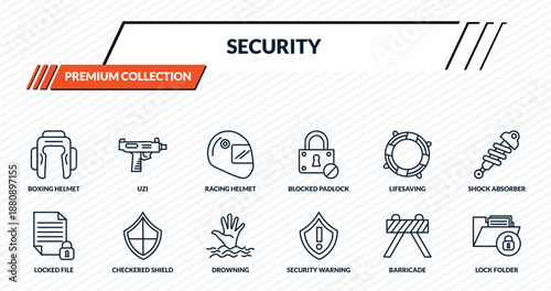 security icons set - boxing helmet, uzi, racing helmet, checkered shield, lock folder outline vector collection.