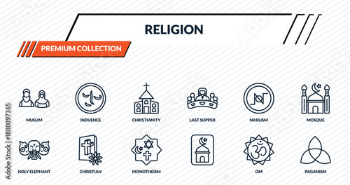religion icons set - muslim, induence, christianity, christian, paganism outline vector collection.