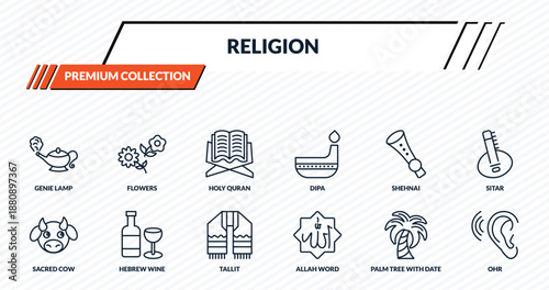 religion icons set - genie lamp, flowers, holy quran, hebrew wine, ohr outline vector collection.