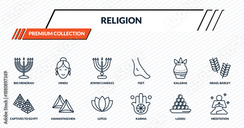 religion icons set - big menorah, hindu, jewish candles, hamantaschen, meditation outline vector collection.