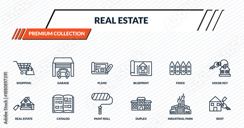 real estate icons set - shopping, garage, plans, catalog, rent outline vector collection.