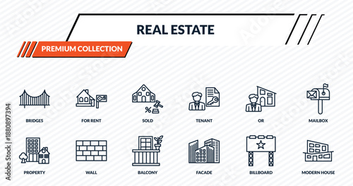 real estate icons set - bridges, for rent, sold, wall, modern house outline vector collection.