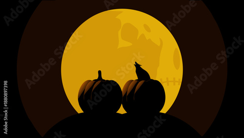 Spooky Halloween night with pumpkins under full moon