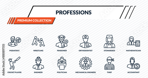 professions icons set - podiatrist, wrestling, pensioner, engineer, accountant outline vector collection.