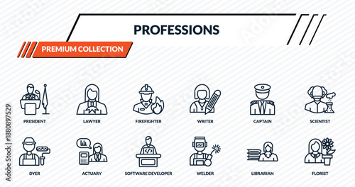 professions icons set - president, lawyer, firefighter, actuary, florist outline vector collection.