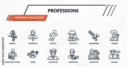 professions icons set - barber, journalist, athlete, miner, chemist outline vector collection.