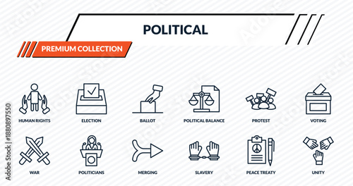 political icons set - human rights, election, ballot, politicians, unity outline vector collection.