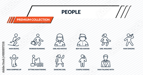 people icons set - man skiing, worker running, girl kid avatar, sitting man fishing, elegant man outline vector collection.