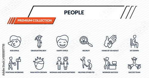 people icons set - kiss smile, graduating boy, happy smile, man with crown, succes team outline vector collection.