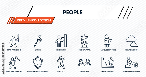 people icons set - man attacking, lance, knocking, insurance protection, man pushing child outline vector collection.