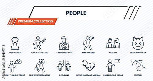 people icons set - cinema award, man walking and smoking, tumb up business man, businessman dancing, complex outline vector collection.