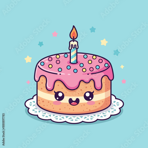 A cartoon birthday cake with a smiling face and lit candle on top, surrounded by colorful stars and sprinkles on a light background viewed from the front.