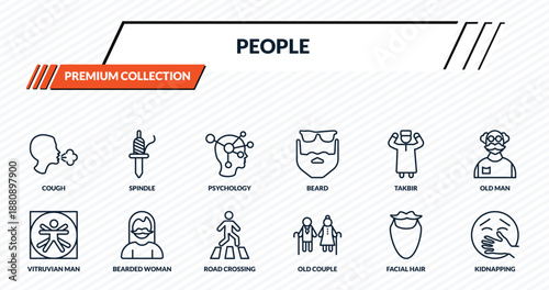 people icons set - cough, spindle, psychology, bearded woman, kidnapping outline vector collection.