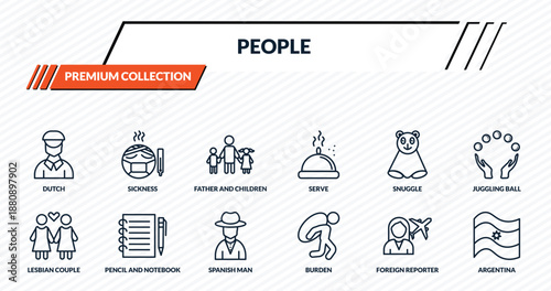 people icons set - dutch, sickness, father and children, pencil and notebook, argentina outline vector collection.