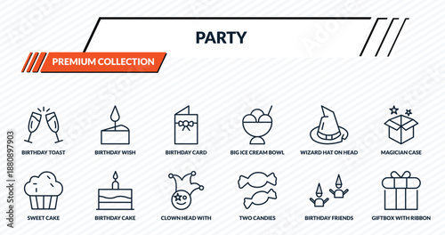 party icons set - birthday toast, birthday wish, birthday card, cake, giftbox with ribbon outline vector collection.