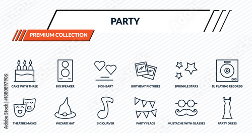party icons set - cake with three candles, big speaker, big heart, wizard hat, party dress outline vector collection.