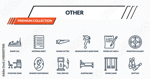 other icons set - bump car, notepad sheet, wood cutter, women's bathroom, skittles outline vector collection.