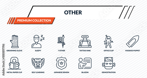 other icons set - grooming glove, sleepy, 7 other, self learning, monster outline vector collection.