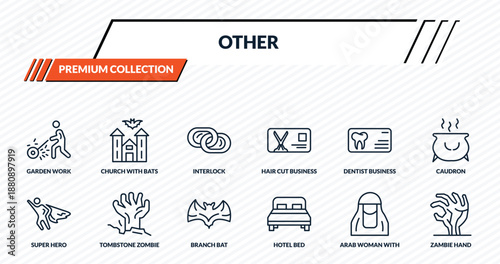 other icons set - garden work, church with bats, interlock, tombstone zombie hand, zambie hand outline vector collection.