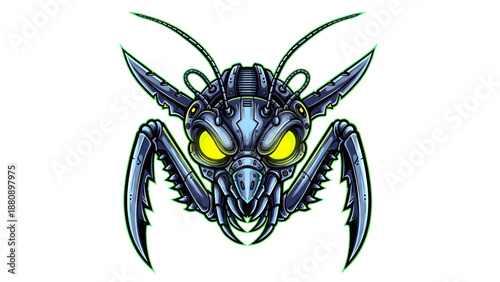 Cyborg insect with sharp claws and yellow eyes on black background