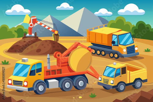 Cartoon construction site with trucks, excavator, cement mixer and dirt piles in a bright outdoor setting
