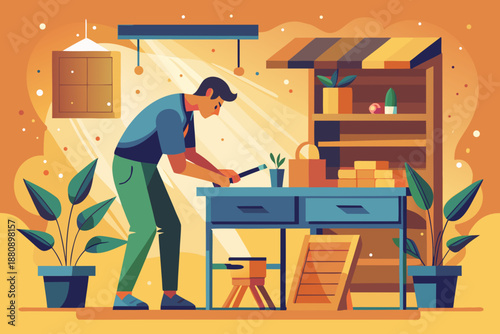 Man working on a plant project indoors at a desk surrounded by potted plants and shelves in flat colorful style
