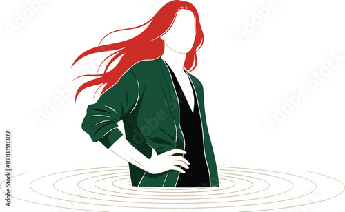 Stylized faceless person with red hair in confident pose, green jacket, abstract ripples, artistic minimal design expressing identity, emotion, and visual symbolism