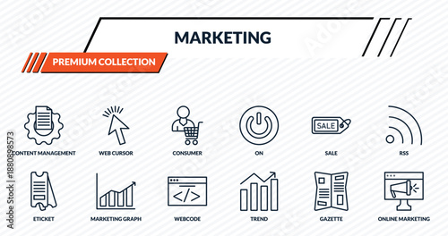 marketing icons set - content management, web cursor, consumer, marketing graph, online marketing outline vector collection.