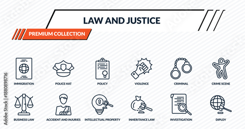 law and justice icons set - immigration, police hat, policy, accident and injuries, diploy outline vector collection.