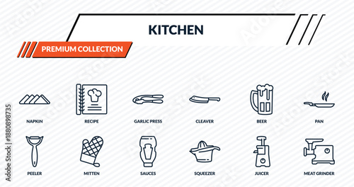kitchen icons set - napkin, recipe, garlic press, mitten, meat grinder outline vector collection.