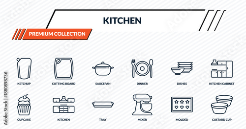 kitchen icons set - ketchup, cutting board, saucepan, kitchen, custard cup outline vector collection.