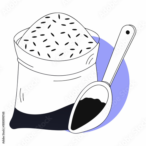 Rice sack with wooden handle scoop placed diagonal