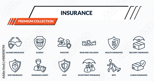 insurance icons set - glasses insurance, elderly, disaster, insurance agent, cargo outline vector collection.