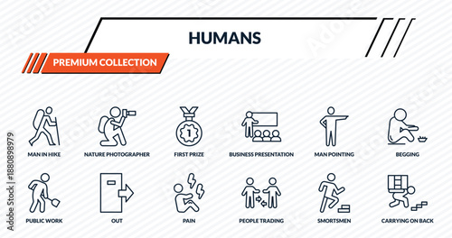humans icons set - man in hike, nature photographer, first prize, out, carrying on back outline vector collection.