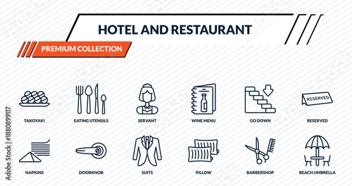 hotel and restaurant icons set - takoyaki, eating utensils, servant, doorknob, beach umbrella outline vector collection.